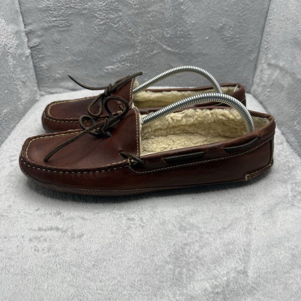 L.L.Bean Men's 10 D Leather Shearling Lined Moccasin Slippers Brown Handsewn